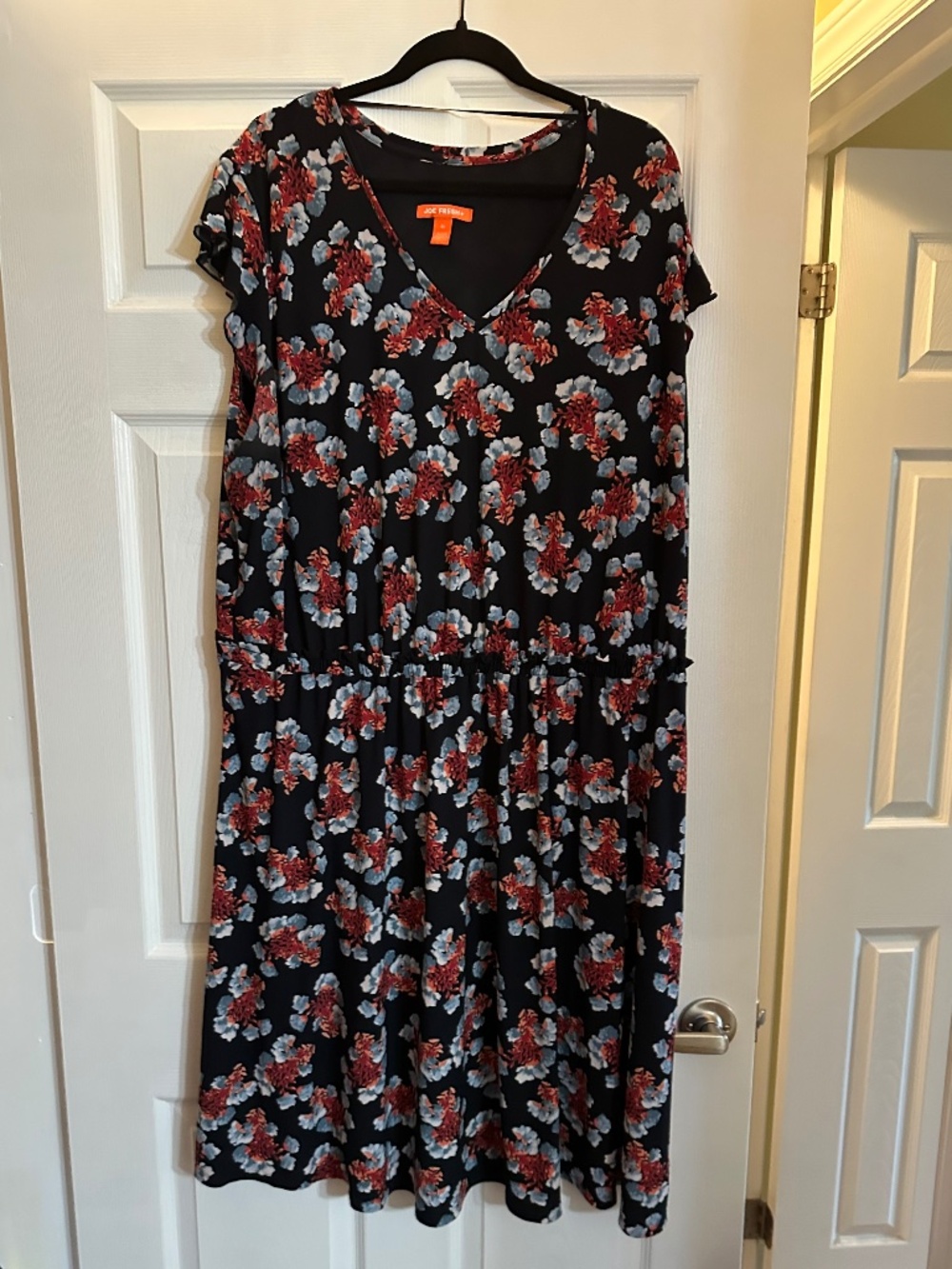 Joe Fresh Floral Midi Dress 3X Black Red Blue Short Sleeve